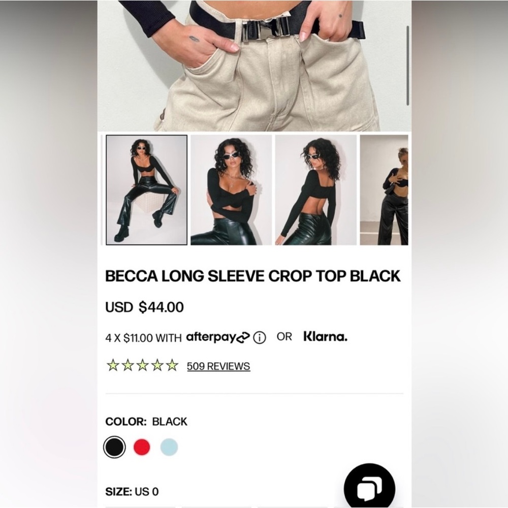 Becca long sleeve princess polly black top size 0